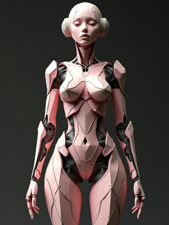 A full female 3D robot sculpture in pink and beige. The robot has functional legs and a serene expression. Geometric patterns and a black triangle structure feature prominently. The artwork emphasizes dramatic lighting highlighting its contours and shapes.