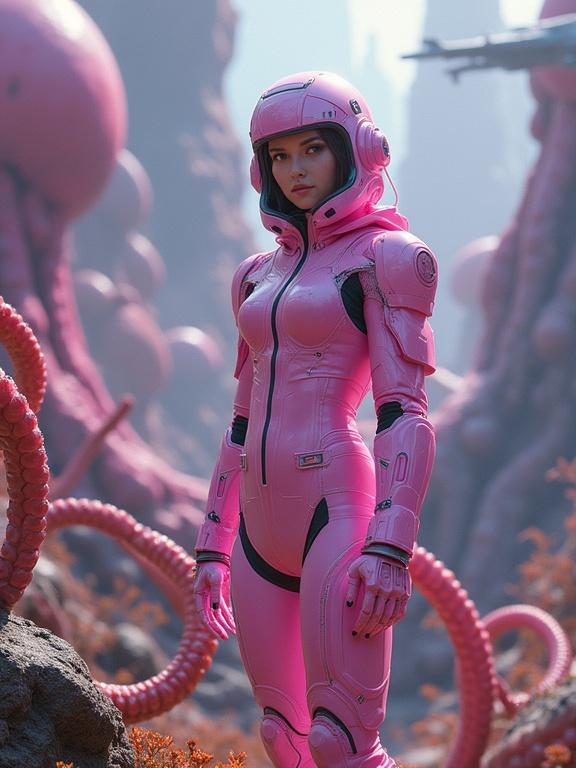 Highly detailed Sci-fi action scene depicting a young woman in a pink spacesuit on an alien planet with colorful tentacles and futuristic robots in the background. Cinematic shot showing vibrant colors and intricate details.