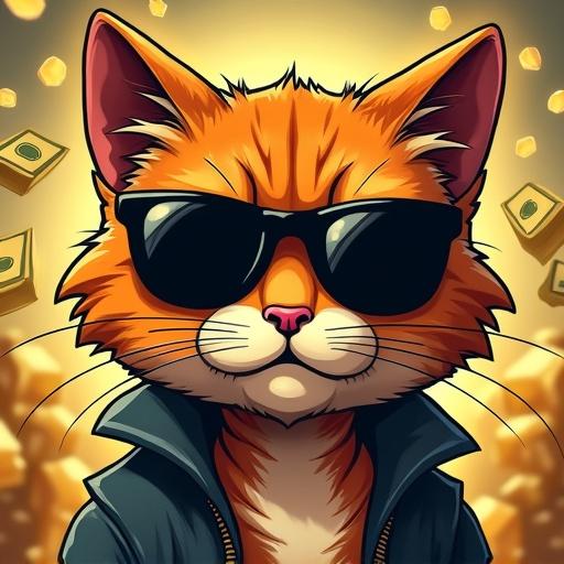 Cartoon theme features a gangster cat with a serious expression wearing shades. Background includes gold nuggets and dollar bills to enhance the theme of wealth.