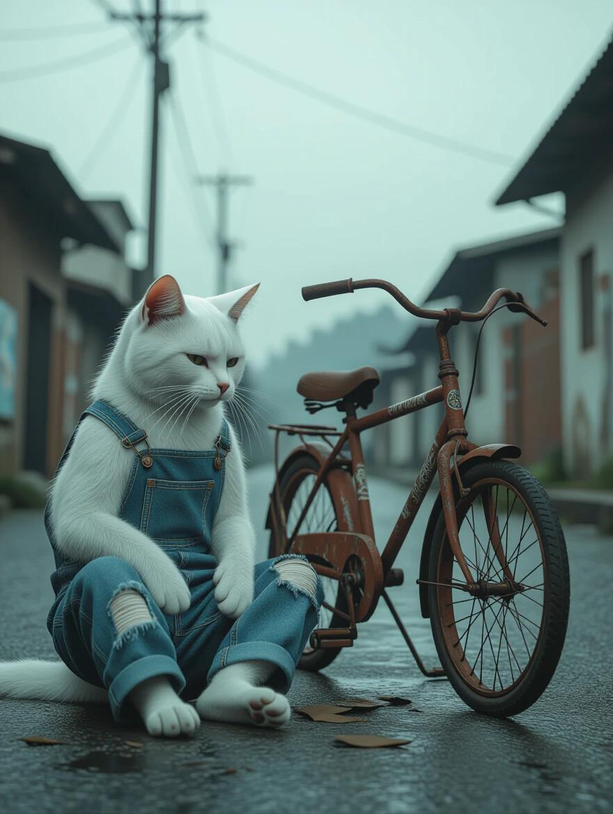 Cinematic still of a sad white cat in blue overalls near a rusty bike. Urban street background with visible wear and tear. Atmosphere conveys melancholy. Dramatic overcast lighting creates soft shadows. 3D CGI style with muted color palette.