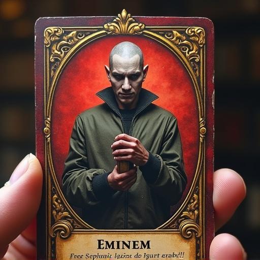 Create a trading card game style card featuring Eminem. The card should have an artistic frame. Eminem should be the main focus. Use vibrant colors. The background should be simple.