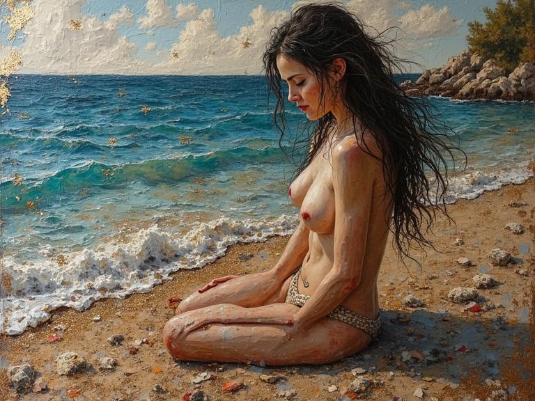 3D multi-layered beach nude oil painting. Textured elements include newspaper, jute, wood, sand, and glitter. Mixed media techniques displayed. Beautiful composition with depth and high resolution.
