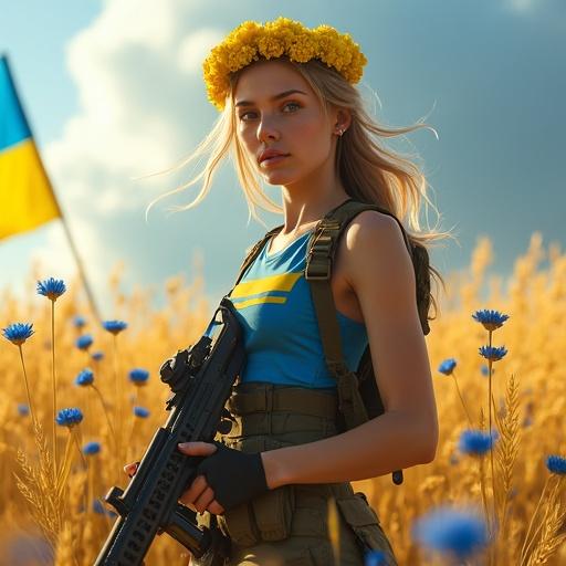 A young woman stands in a golden wheat field with blue flowers. She wears a tactical outfit with a blue-yellow striped top and harness. A rifle is held in her hands. A yellow flower crown adorns her head. The Ukrainian flag waves in the background. Her hair flows in the wind. The sky is dramatic and lighting is cinematic. The scene is captured in 4K resolution with realistic details.
