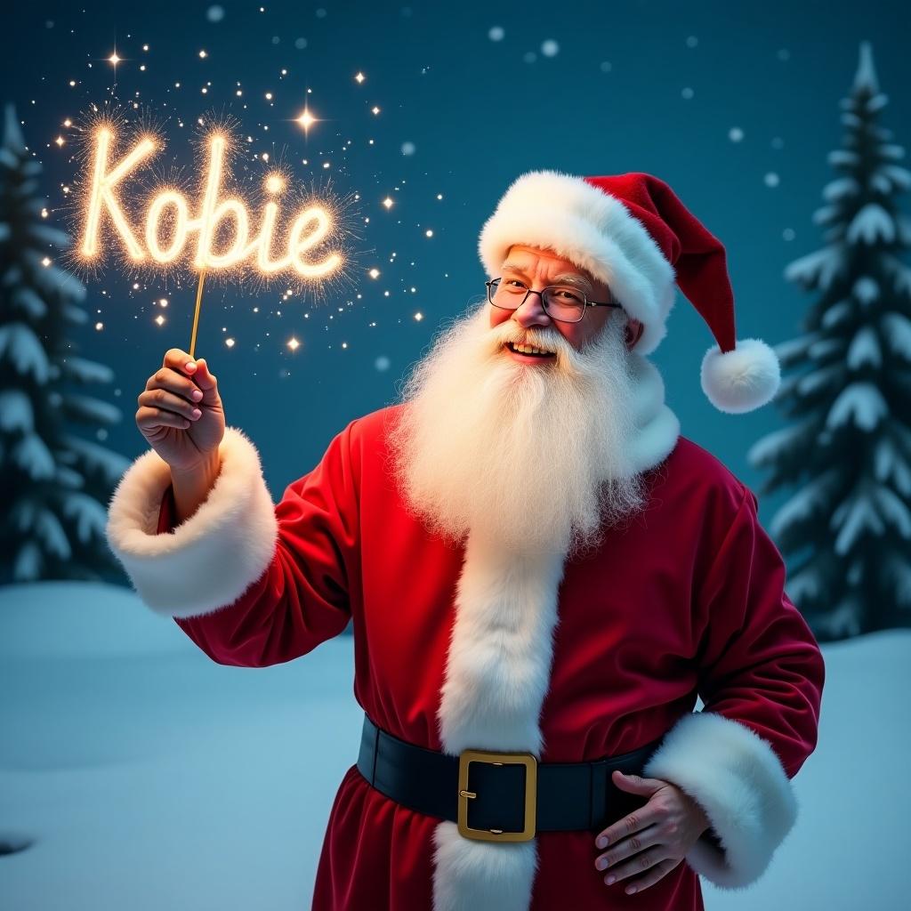 Jolly Santa Claus in snowy landscape holding magical wand sparkling Kobie. Classic red suit with white fur trim and matching hat. Eyes twinkle with joy, writing names in sky. Background features evergreen trees and starry night sky. Festive and magical atmosphere for holiday season.