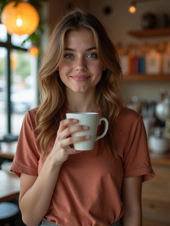 Portrait of a girl in a coffee shop. She enjoys her drink. The setting is cozy and inviting. The girl has long hair and wears a casual outfit. Natural light fills the shop.