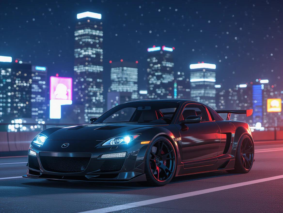 Black Mazda RX-8 parked in a modern city at night. Bright city lights illuminate the scene with a realistic touch. The car is customized showcasing sleek design and performance appeal. The atmosphere is vibrant and engaging.