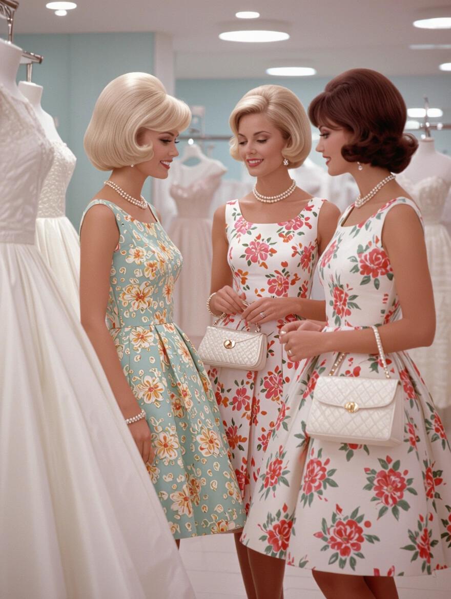 A portrait showcasing three women inside a boutique. Each woman wears a distinctive party dress with floral patterns. They engage with each other while admiring a wedding dress displayed in the store. Accessories include pearl necklaces and white purses. The scene embodies 1960s elegance with soft lighting and a stylish interior.