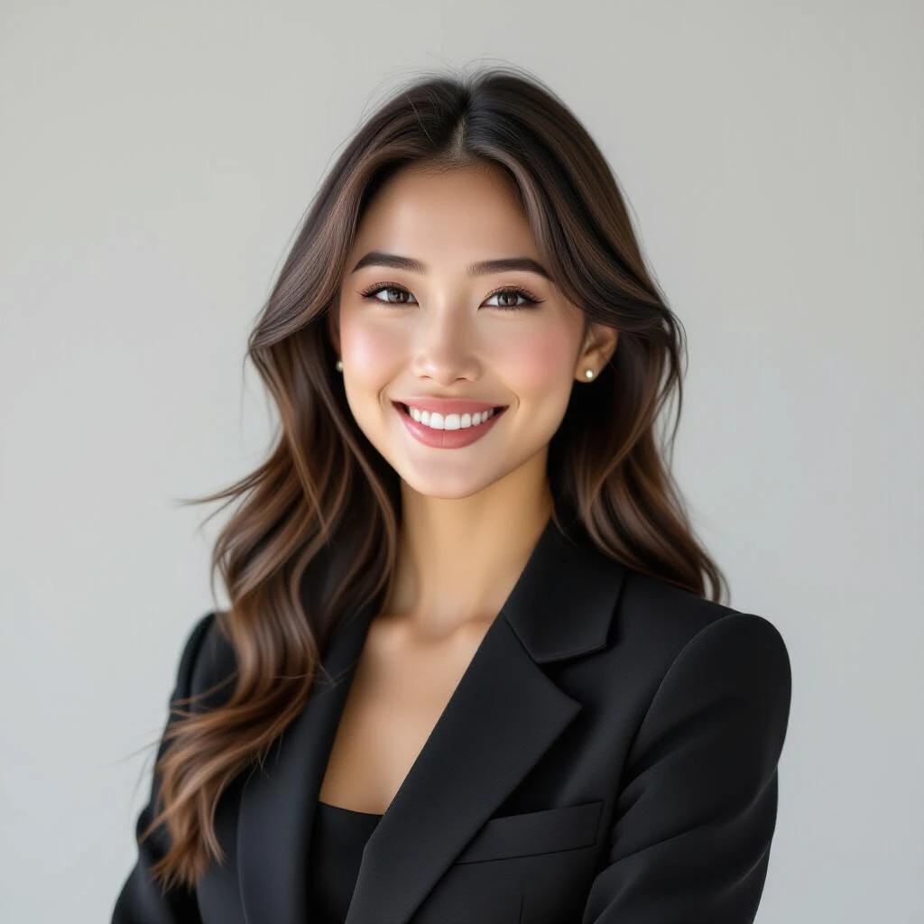 High-quality photograph of a young woman. She wears a black suit jacket and has a warm smile. Hair is naturally down on her shoulders. Simple light-colored background highlights her features. Soft light creates a warm atmosphere. Modern and professional style for business or personal branding.