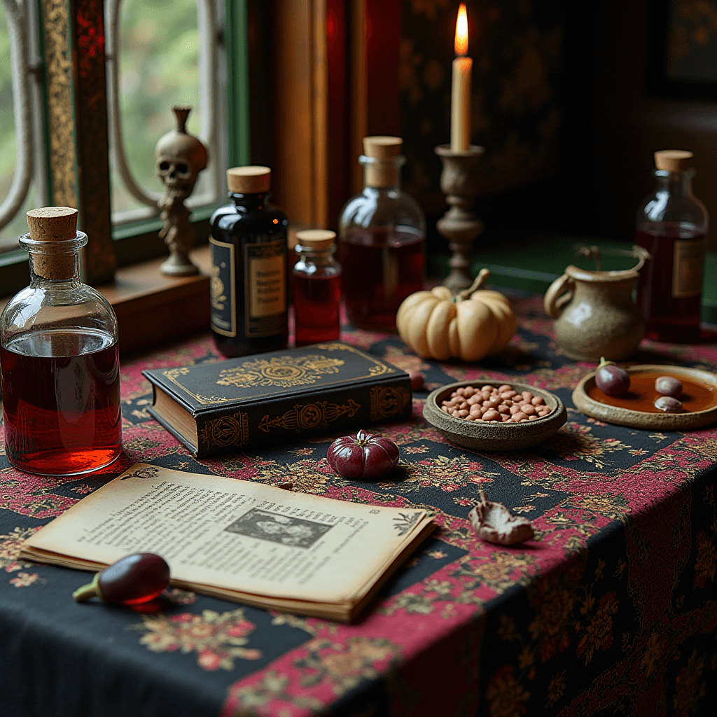 A dimly lit table setup with books, potions, and mysterious items, set in a vintage, mystical atmosphere.