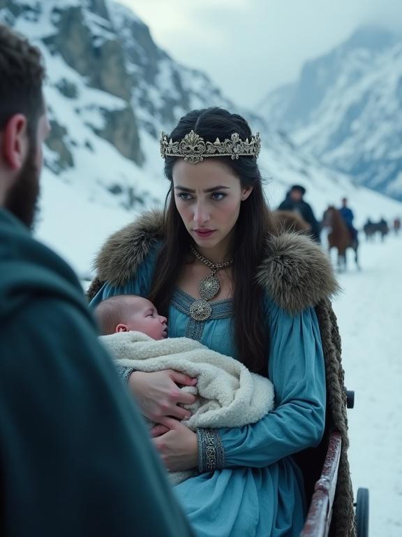 Cinematic close-up of a medieval queen cradling a baby in a snowy landscape. The queen wears a crown and a blue gown, looking worried. Soft focus background with a snowy theme. Partially visible king beside her.