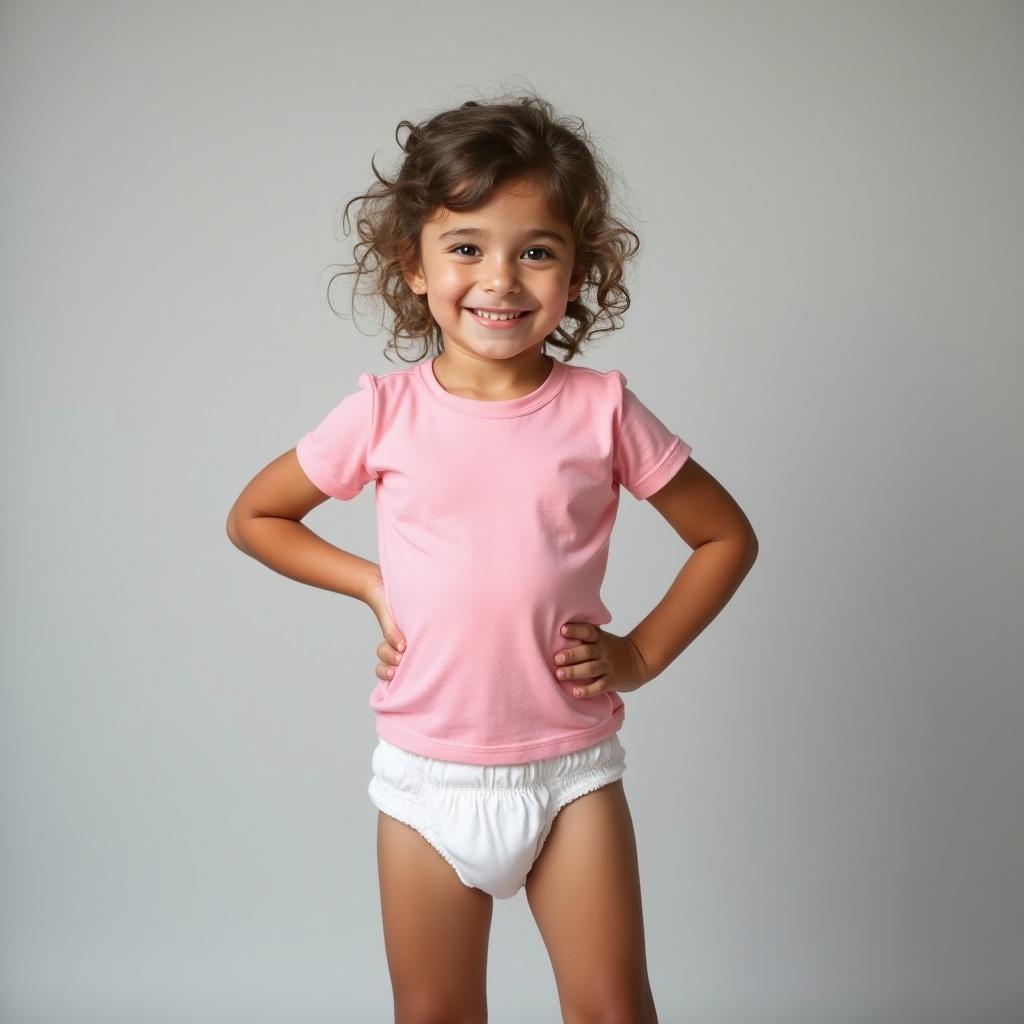 This image features a seven-year-old girl wearing a fitted pink t-shirt and a white diaper. The backdrop is a soft gray, which emphasizes her youthful innocence and playful demeanor. She poses with one hand on her hip, radiating confidence and relaxation. The lighting is soft and inviting, enhancing the overall playful feel of the scene. This adorable capture represents typical childhood moments, where comfort and playfulness reign supreme. It's a charming portrayal of toddler fashion combined with a casual home environment.