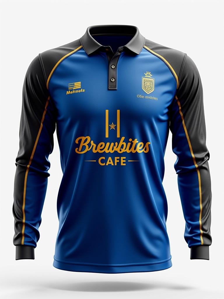 Full-sleeve cricket jersey with sporty aesthetic. Primary colors royal blue and black, with white and gold accents. Small ibex logo on stomach. Brewbites Cafe displayed prominently on chest. Subtle cricket-themed patterns on sleeves and shoulders.