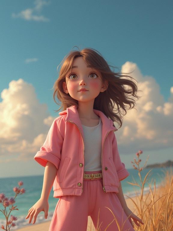 A doll standing on a beach with ocean and sky in the background. The doll is dressed in a pink outfit. Grass and flowers are in the foreground. Bright clouds are above.