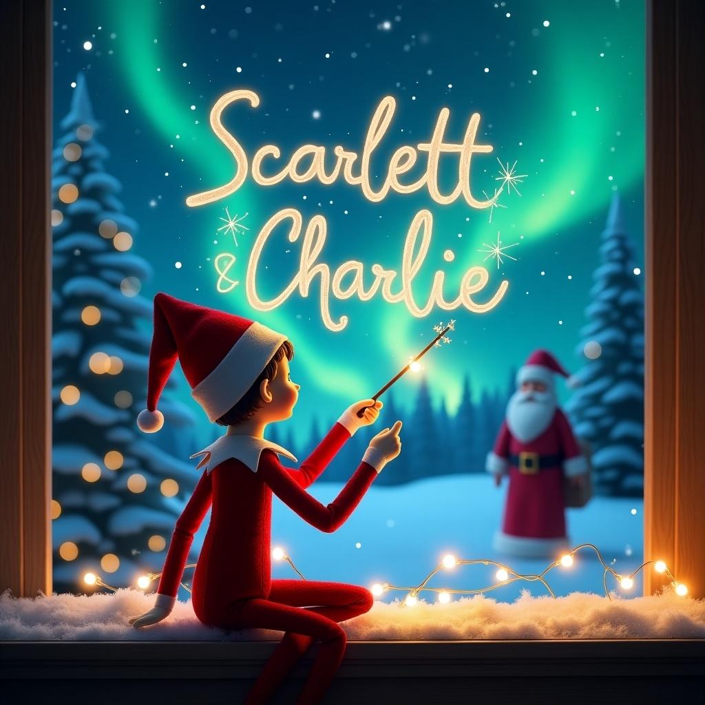 Elf on the shelf using a wand to write names in the sky. Background featuring northern lights and Santa. Magical Christmas atmosphere with snow.