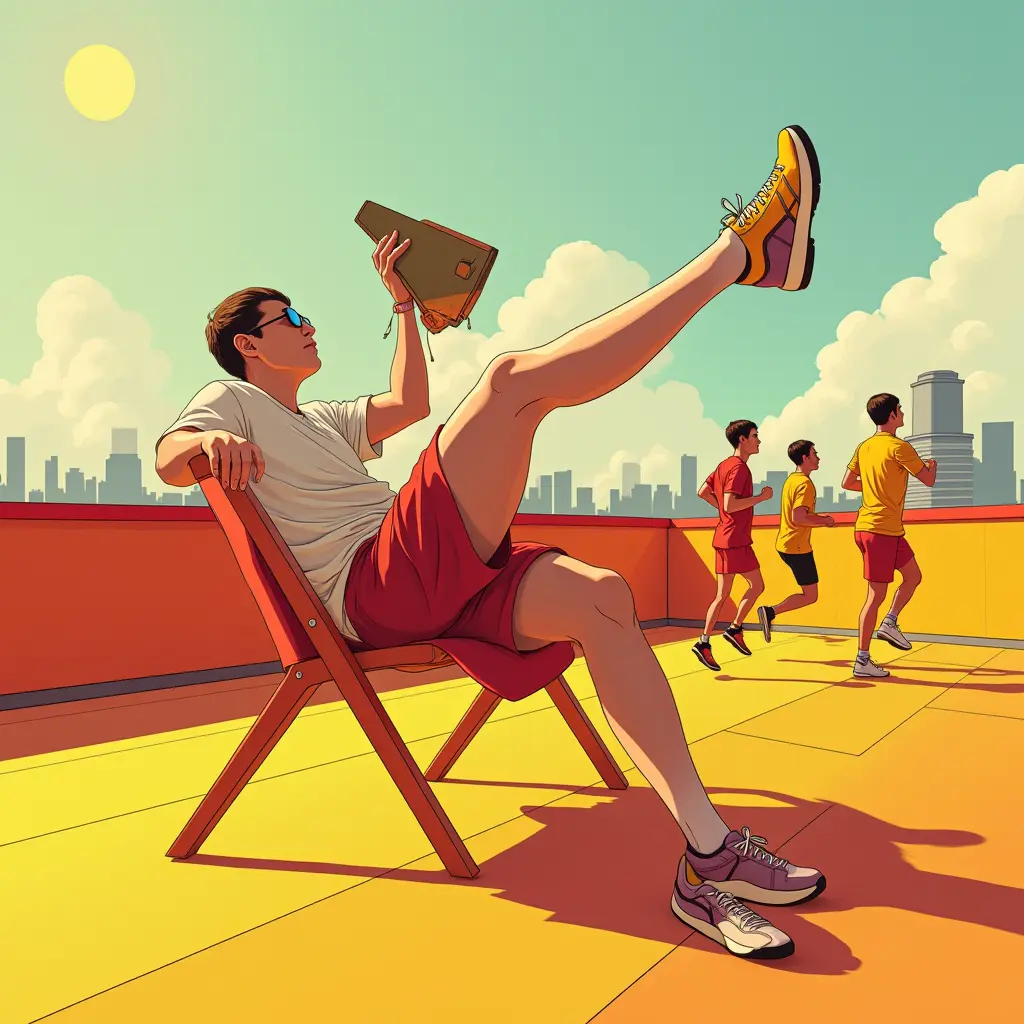 A man in red shorts relaxes on a rooftop, carefree, as joggers pass by against a city skyline under a bright, sunny sky.