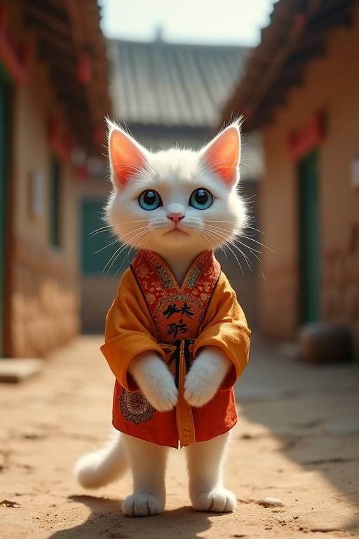 Ultra-HD 4K cinematic scene of a charming village school environment. White cat with blue eyes wearing bright orange Ascended. Focus on the cat standing on two legs.