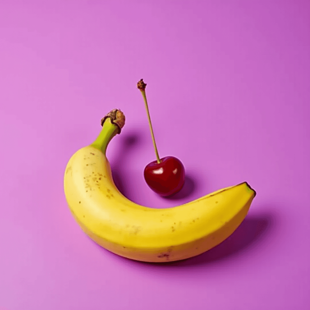 A banana and a cherry are placed on a vibrant purple background.