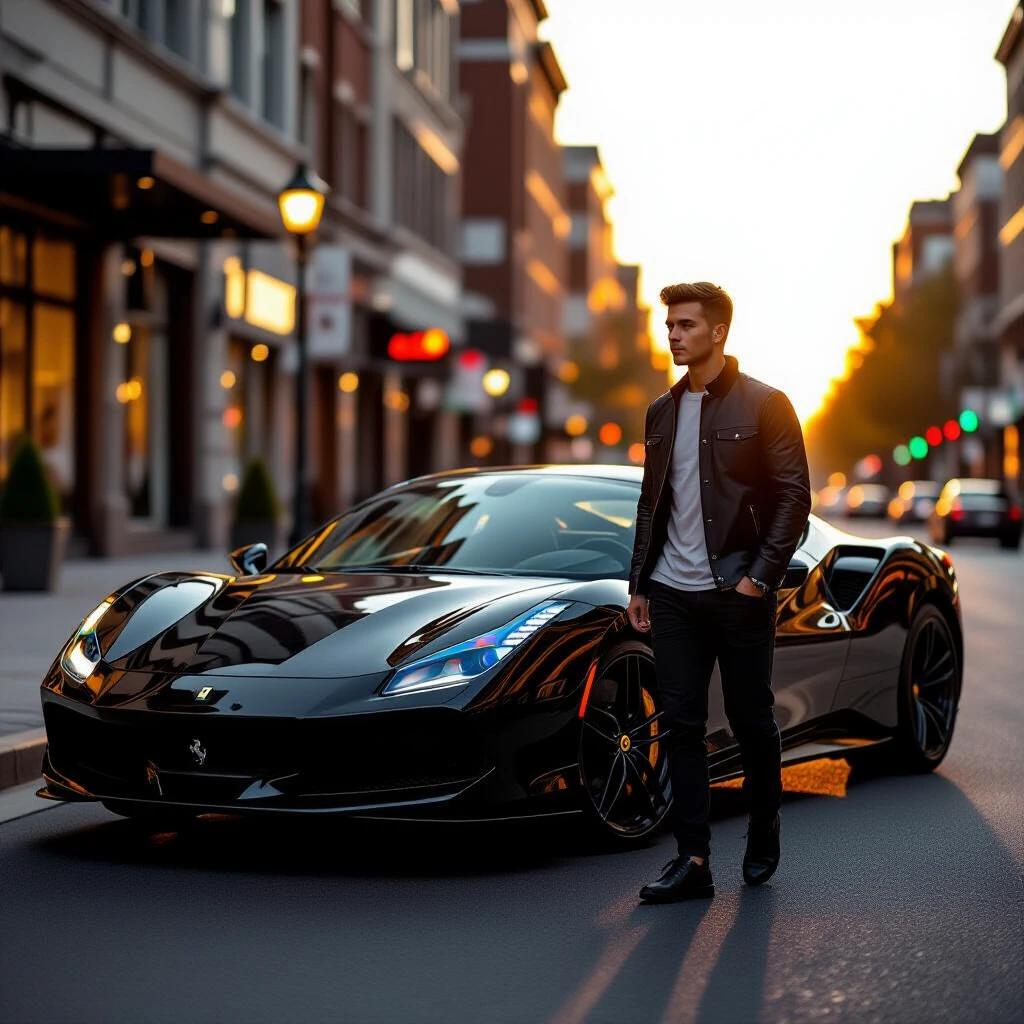A young man casually dressed walks toward a sleek black Ferrari. The car is parked on a city street. The sun sets, casting a warm golden glow. The urban background is decorated with soft blurred lights. A cinematic atmosphere complements the scene.