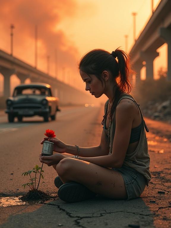 Devastated post-apocalyptic landscape full of rusted car skeletons and shattered concrete. Young female survivor covered in dirt sits cross-legged on cracked highway. Torn clothing stained with oil and ash. Gently cradles tiny flower growing between pavement cracks. Gazes with tired eyes. Holds small canteen, tilting it to drop water on roots. Backlit by smoldering red sky. Warm, dusty hues with soft shadows. Cinematic framing and intense emotions.