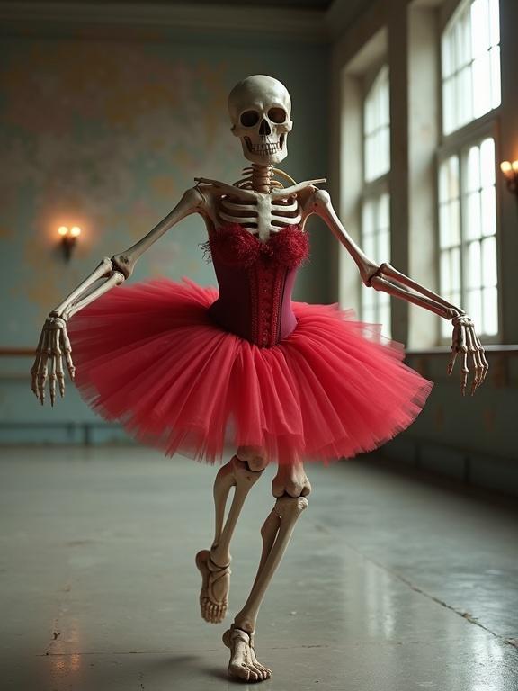 Fierce skeleton dressed in red ballet tutu and corset performing ballet pose in well-lit dance studio with large windows. Muscular limbs, delicate pose, humorous and surreal atmosphere. High detail, cinematic lighting.