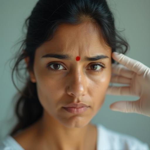 Close-up shot of an anxious Indian woman's face. She has warm golden-brown skin. Dark eyebrows are furrowed, and eyes are wide with worry. A gentle, white-gloved doctor's hand enters the frame from the right. Soft, creamy-white background with subtle film grain. Lighting is a single, diffused 2K soft light positioned at a 45-degree angle. Slight blue undertone adds serenity.