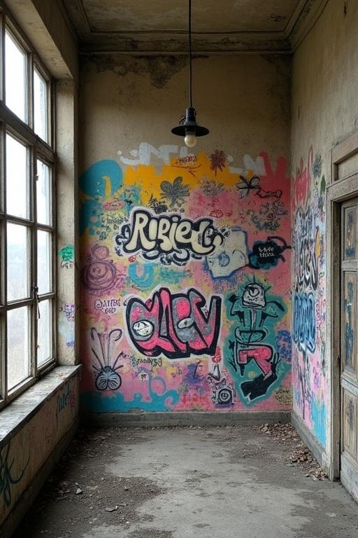 Image of a corner wall in an abandoned building. Wall covered in colorful graffiti with various artistic designs. There is a lamp hanging from the ceiling. Natural light enters through large windows.