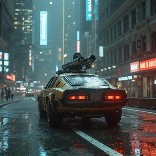 A futuristic scene featuring a sleek car with a turret parked on a rain-soaked street. Neon lights illuminate the surroundings in a busy city setting. Atmosphere is moody with reflections on wet pavement. Elements suggest advanced technology and a sci-fi theme.