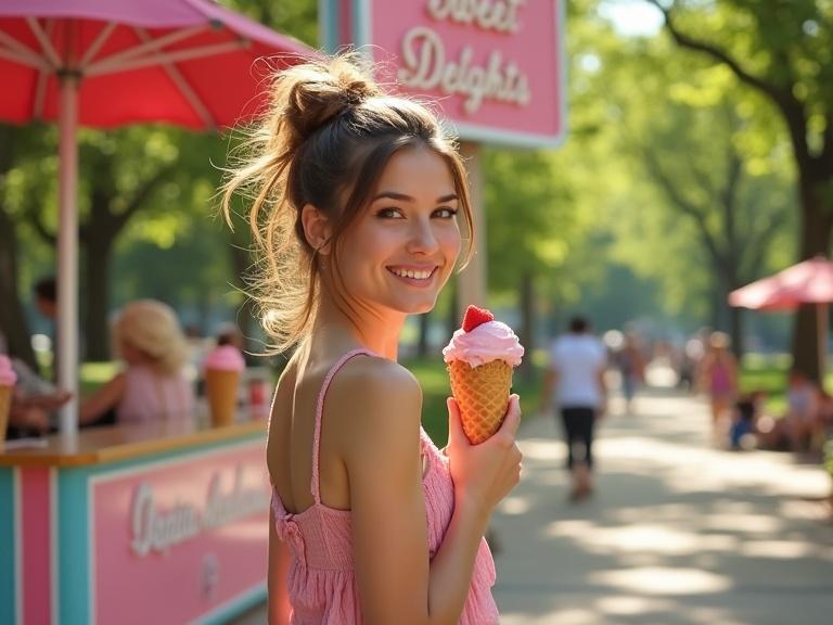 A vibrant photograph shows a young woman with playful hair and a genuine smile beside a charming pink ice cream stand. She holds strawberry ice cream in a waffle cup. The scene is in a lush park with families enjoying the day and a vintage sign above the stand that reads 'Sweet Delights'.