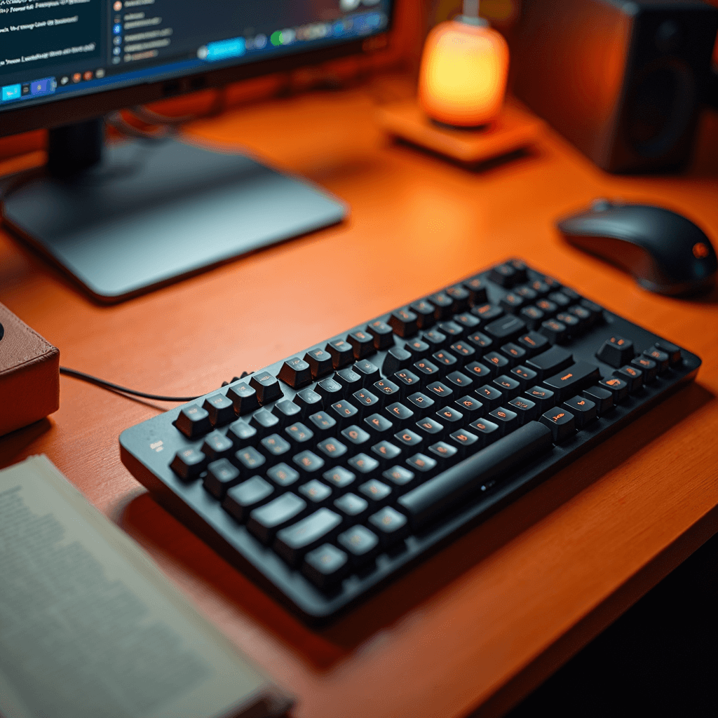 A modern computer setup featuring a mechanical keyboard, mouse, and softly lit lamp on a wooden desk.