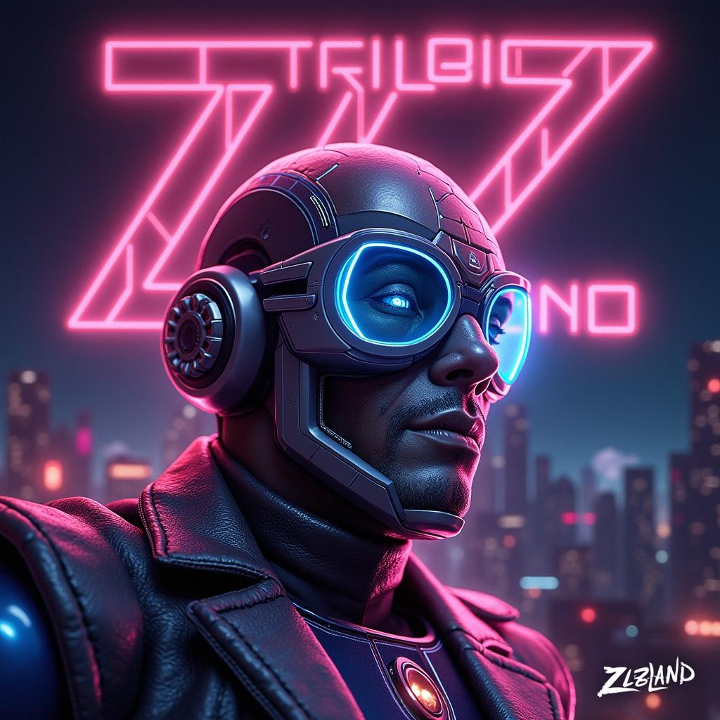 Futuristic album cover featuring a character with neon glasses. Background has a city skyline with vibrant colors. Title 'ZZ BAND' in bold neon letters.