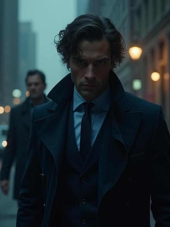 A handsome man wearing a dark blue suit appears as a New York detective. The setting is gritty and atmospheric with three tough figures present. The scene is shot from a low angle. Strong contrast lighting creates a tense mood.