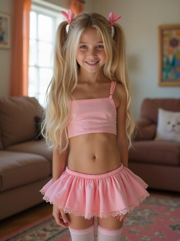 A young girl with long blonde hair in twin tails and pink bows stands in a living room. She wears a pink crop top and a tiny pleated skirt. She has thigh-high socks with lace. The setting is colorful and lively. Natural light illuminates the scene.