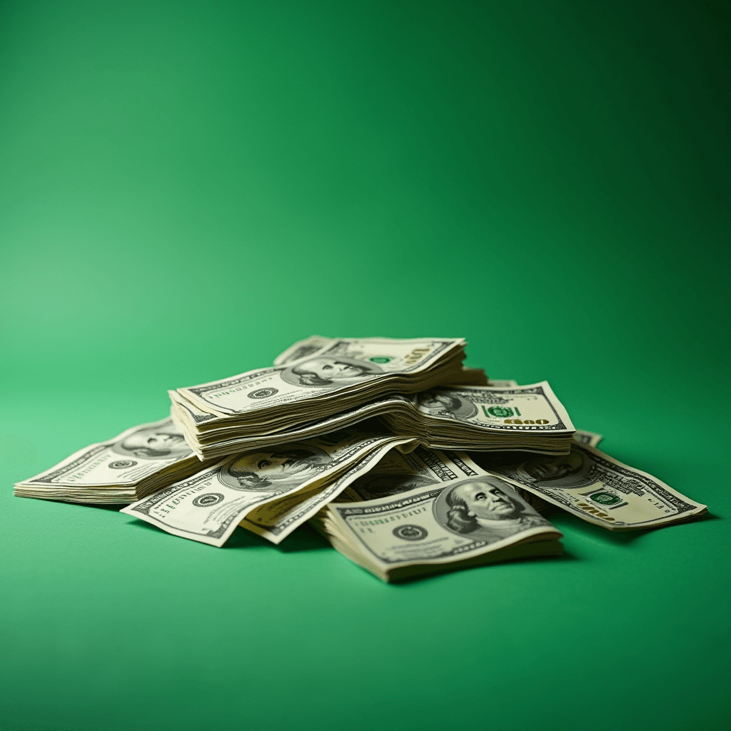 Stacks of hundred-dollar bills are spread out against a smooth green background, conveying a sense of abundance and financial prosperity.