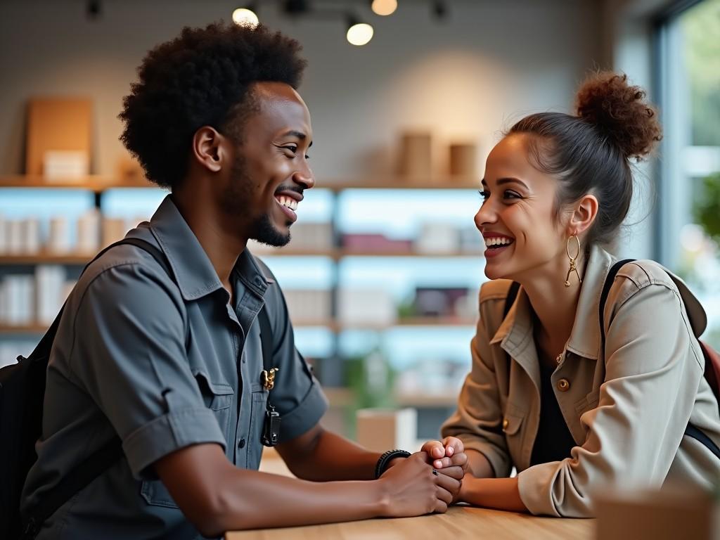 A couple is smiling at each other in a cozy café setting. They are sitting across from one another, engaged in a warm conversation. The man has a relaxed expression with curly hair, while the woman has her hair in a bun and is wearing stylish earrings. Their hands are touching on the table, conveying connection and warmth. The background features shelves with various items, enhancing the intimate atmosphere of the café.