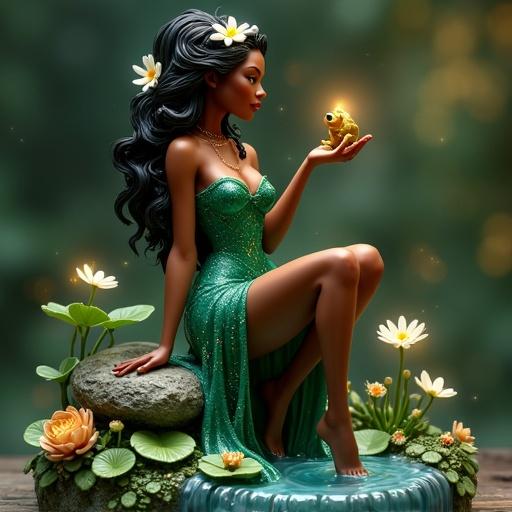 Stylized resin figure inspired by Tiana from The Princess and the Frog. A sensual and magical representation of a woman sitting on a rock adorned with wildflowers. Emerald green dress with a deep slit and shiny lily pad details. Dark luminous skin, long hair with daisies and braids. Holding a golden toad. Base features sculpted water and a waterfall. Nighttime setting with soft lights and fireflies.