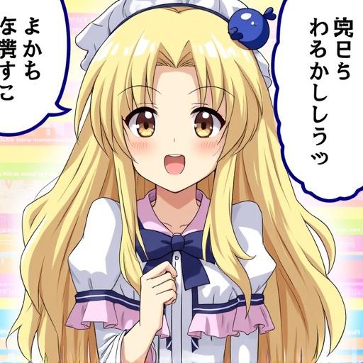 Anime girl with blonde hair and a blue accessory. She is smiling with hands clasped. Dressed in a cute outfit with a bow. Background features colorful patterns.