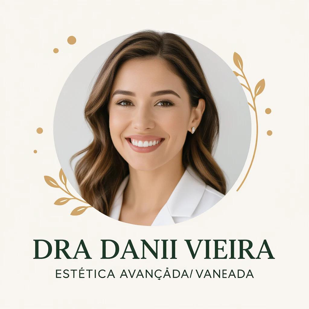 Logo design for an aesthetics clinic. Features professional photo in circular frame. Displays the name Dra Danii Vieira and Estética Avançada. Utilizes soft cream and green colors with a minimalist style.