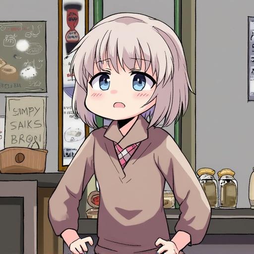 An anime character with a subtle, soft expression. Features include big eyes, delicate lips, and a gentle blush on cheeks. Hair is light with soft waves. Character wears a casual outfit. Background hints at a cozy indoor setting.