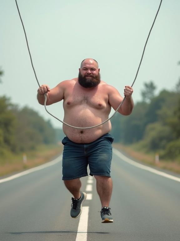 A very fat 30 year old man shirtless jumping on a jump rope on the highway