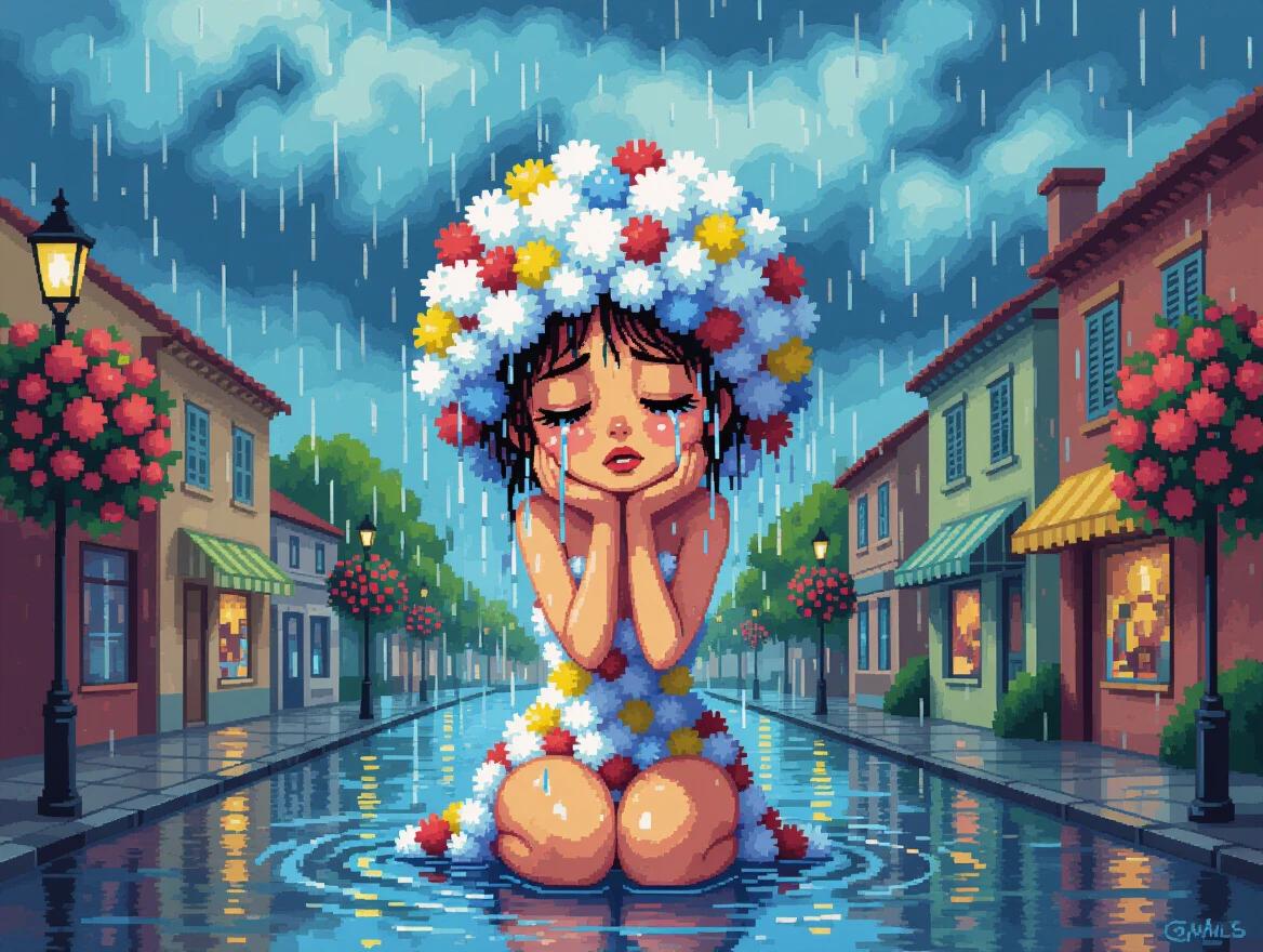Portrait of a sad woman made of pom-poms kneeling in rain. Scene depicts a small town street with stormy sky and vibrant flowers. Emphasizes emotional depth with raindrops and soaked surroundings.