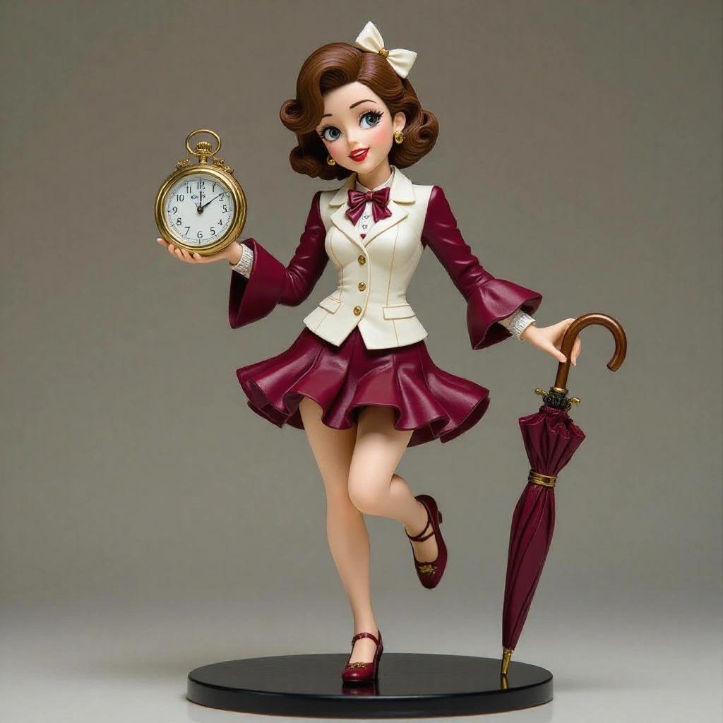 Highly detailed resin sculpture of a stylized young woman standing in motion. She appears to be running late with one leg forward, looking at a clock with a charming expression. She holds a pocket watch and an umbrella while wearing a fitted suit with gold details, a bolero jacket, and a ruffled skirt. Her face is expressive with large eyes and a nervous smile. Her long hair is platinum blonde in loose waves. The base includes a grassy area supporting the figure dynamically.