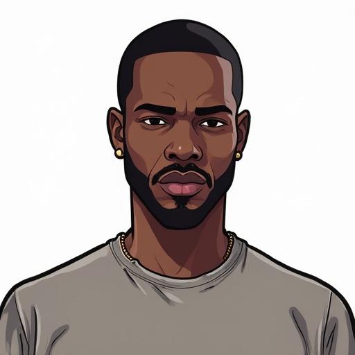 black male in a solid color t-shirt facing the camera directly. Full bright frontal light illuminates the character. No accessories. The illustration is in the style of Grand Theft Auto with a 4-bit color palette and comic influences.