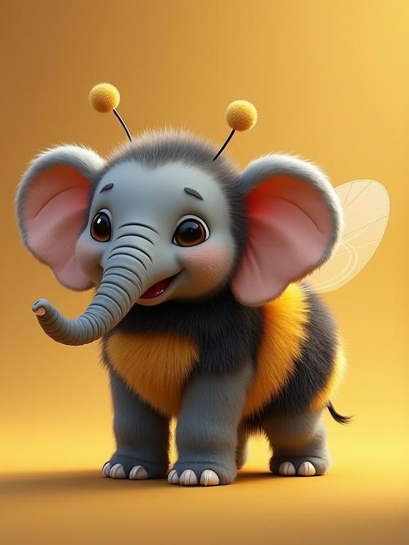 Anime creature character with elephant and bee features. Fluffy body with elephant ears and bumble bee stripes. Small wings and tusks. Cheerful expression and bright colors.