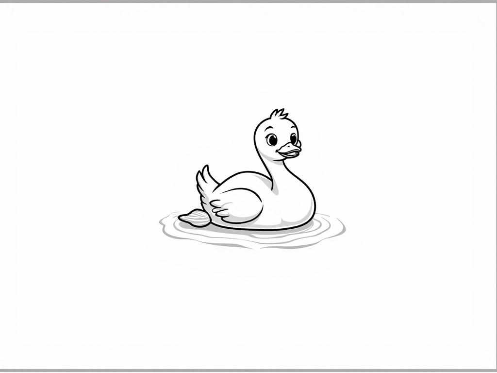 This image is a simple black and white illustration featuring a smiling duck floating calmly on the surface of the water. The artwork uses clean lines and minimal shading to depict the duck with a friendly expression, contributing to a tranquil and cheerful atmosphere.