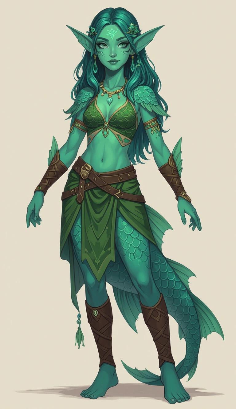 Acrylic painting style. Young teen druidic fish-girl with sharp fins and webbed ears. Fully teal skin and scaled. Dressed in Theros-inspired clothing. Green hair and amphibian-like features. Unreal and inhuman feel. A creature from fantasy.