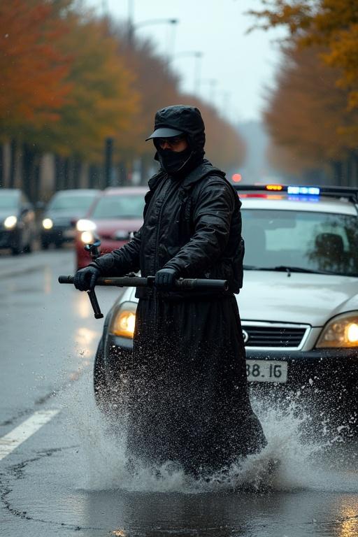 A car is passing by a man dressed in a long coat. Splashes of water from the puddle wet his costume. The scene is in an urban area during a rainy day.