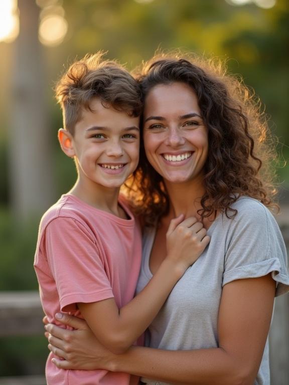 Family photo featuring a mother and her teen son embracing each other outdoors in warm sunlight.