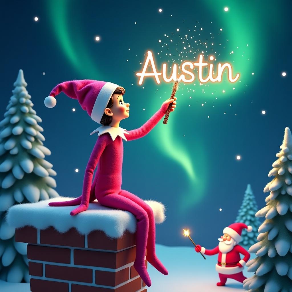 Pink elf on a shelf sitting on a chimney. Engaged in a magical moment using a sparkling wand to write name in the night sky. Background with northern lights. Nearby snow-clad trees and glimpse of Santa Claus. Whimsical holiday spirit.