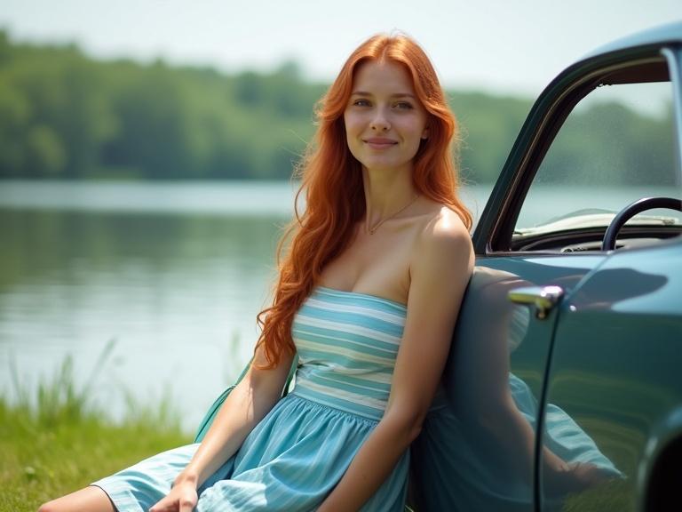 Young woman with long ginger hair sits by a lake in Russian countryside. Grass under her, hands on car wheel. Relaxed and pleasant expression, wearing light blue striped top and short dress, holding teal shoulder bag. Blurred background of calm lake and trees, sunny day, soft shadows. Casual and summery style.