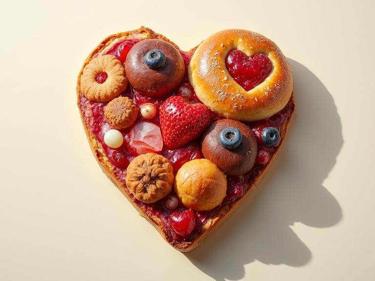 Heart shape made from various breads and pastries. Includes colorful artistic detail. Shows slight shadow.